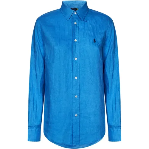 Blaue Leinenhemden mit Pony Stickerei , Damen, Größe: L - Polo Ralph Lauren - Modalova