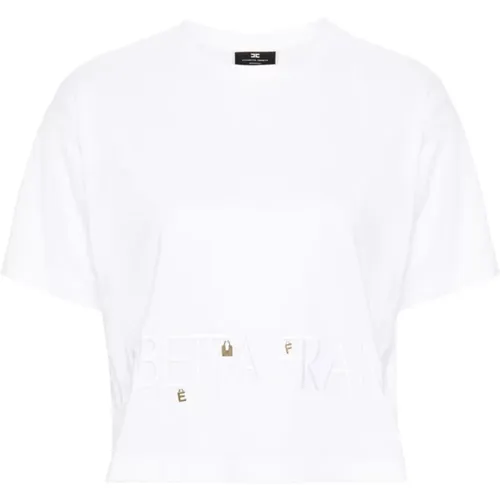 Cropped Jersey T-shirt with Embroidered Logo , female, Sizes: M, L - Elisabetta Franchi - Modalova