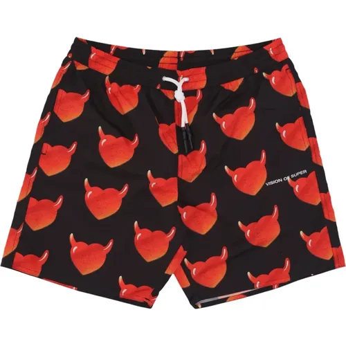 Hearts Swim Shorts Black/Red , male, Sizes: XS, M, S, XL, L - Vision OF Super - Modalova