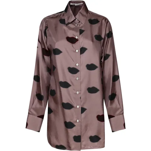 Taupe Lips Print Boyfriend Shirt , female, Sizes: 2XS - Stella Mccartney - Modalova