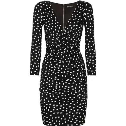 Polka Dot Dress with Draped Detailing , female, Sizes: XS, S - Dolce & Gabbana - Modalova
