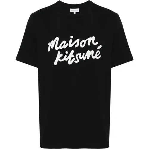 Logo Print Schwarzes T-Shirt , Herren, Größe: L - Maison Kitsuné - Modalova