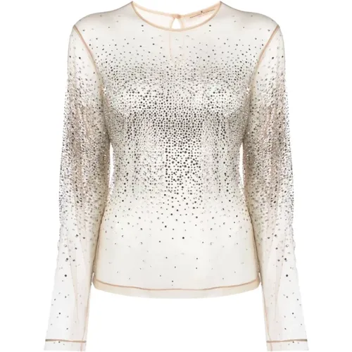 Elegant Long Sleeve Nude Top with Strass Appliques , female, Sizes: XS - Ermanno Scervino - Modalova