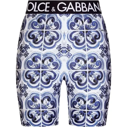 Klare Blaue Majolika-Print High-Waist-Shorts , Damen, Größe: M - Dolce & Gabbana - Modalova