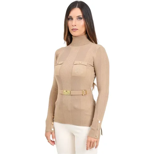 Brauner Rollkragenpullover mit Logodetails,Stilvolle Sweater Kollektion - Elisabetta Franchi - Modalova