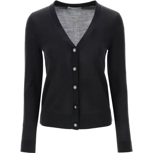 Simone Wool Silk Cardigan V-Neck , female, Sizes: L, M, S - TORY BURCH - Modalova