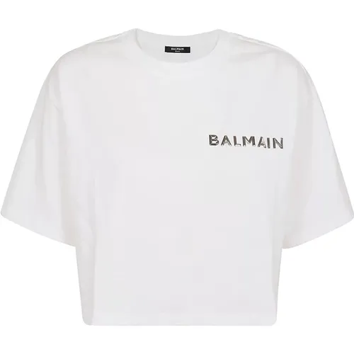 Laminated Cropped T-Shirt , female, Sizes: M - Balmain - Modalova