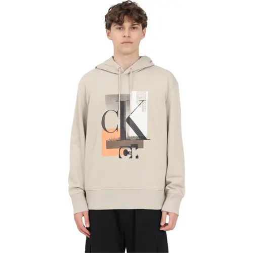 Cotton Sweatshirt with Hood and Logo Print , male, Sizes: S - Calvin Klein Jeans - Modalova
