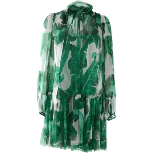 Damen Mid-Length Kleid mit Blättern , Damen, Größe: 2XS - Dolce & Gabbana - Modalova