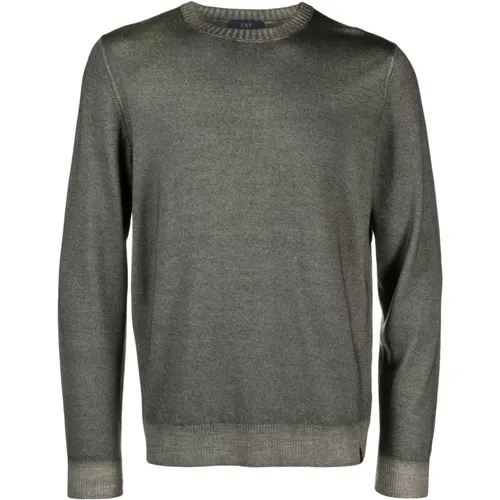 Grüner Wollpullover, Gerippter Saum, Rundhalsausschnitt , Herren, Größe: 2XL - Fay - Modalova