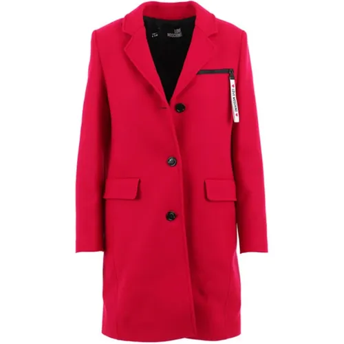 Roter Wollmantel mit Logo-Reißverschlusstasche , Damen, Größe: XS - Love Moschino - Modalova