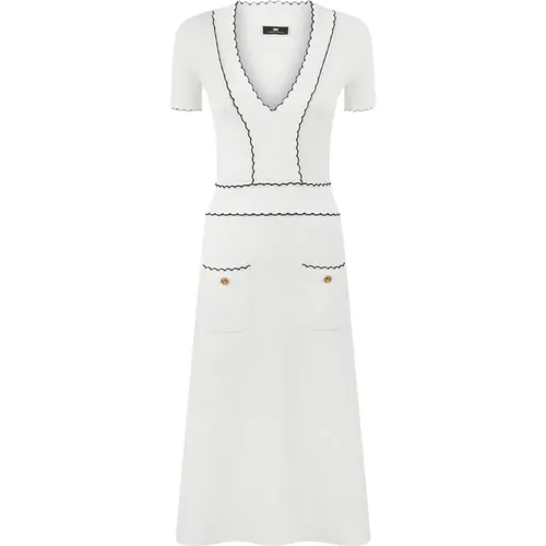 Embroidered Dress with Navy Details , female, Sizes: L, M - Elisabetta Franchi - Modalova