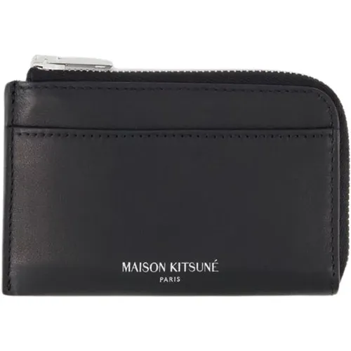 Schwarzes Leder Kartenetui mit Reißverschluss , unisex, Größe: ONE Size - Maison Kitsuné - Modalova