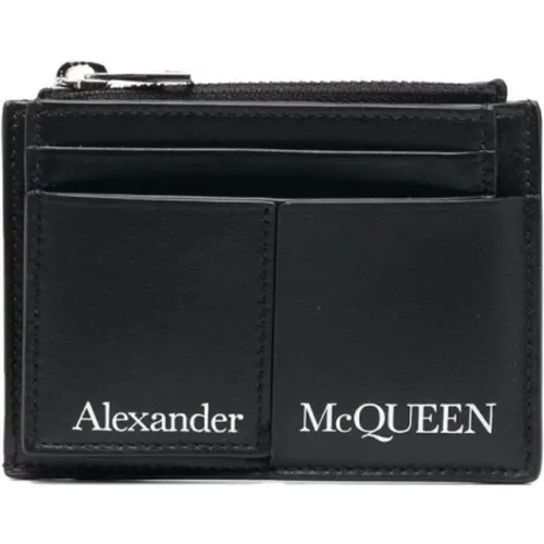 Schwarze Lederbrieftasche mit Logo-Print-Kartenhalter , Herren, Größe: ONE Size - alexander mcqueen - Modalova