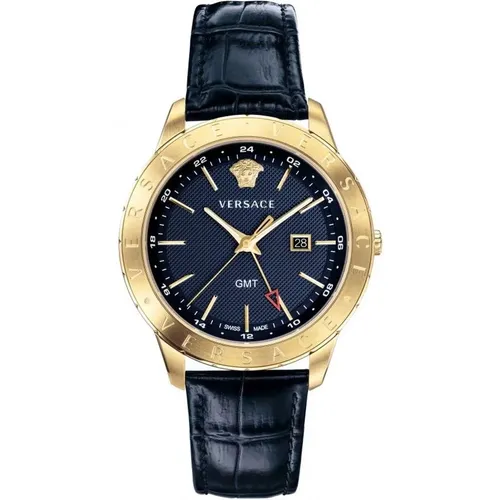 Univers GMT blue gold leather watch , male, Sizes: ONE SIZE - Versace - Modalova