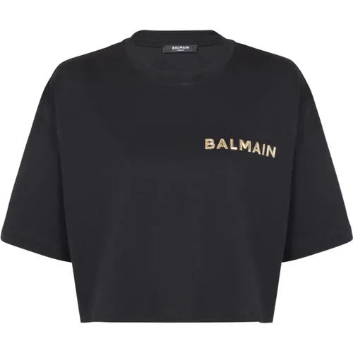 T-Shirt mit laminiertem Logo , Damen, Größe: XL - Balmain - Modalova