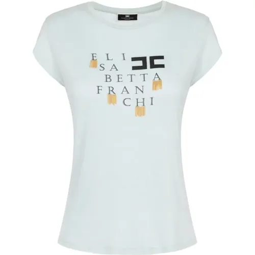 Aqua Logo and Fringe T-Shirt , female, Sizes: XS, S, M - Elisabetta Franchi - Modalova