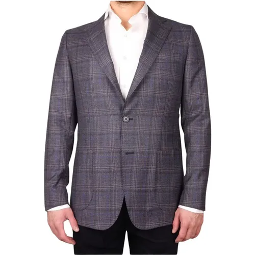 Wolltartan-Blazer Blau-Grau Design , Herren, Größe: XL - Made in Italia - Modalova