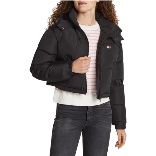 Schwarzer Cropped Puffer Alaska Mantel , Damen, Größe: L - Tommy Jeans - Modalova