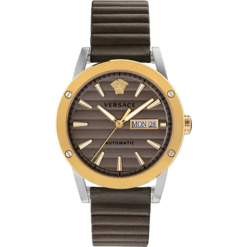 Theros Automatic Watch Brown Leather Strap , male, Sizes: ONE SIZE - Versace - Modalova