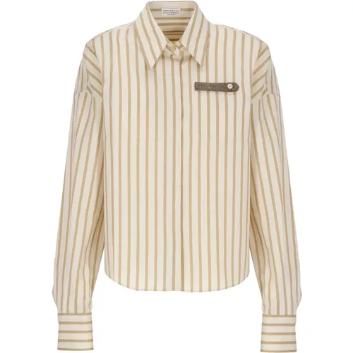 Cotton and Silk Shirt with Contrasting Stripes , female, Sizes: S - BRUNELLO CUCINELLI - Modalova
