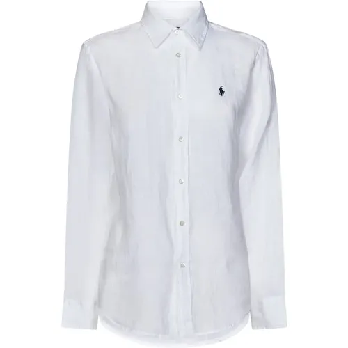 Weißes Leinenhemd mit Pony-Stickerei , Damen, Größe: M - Ralph Lauren - Modalova