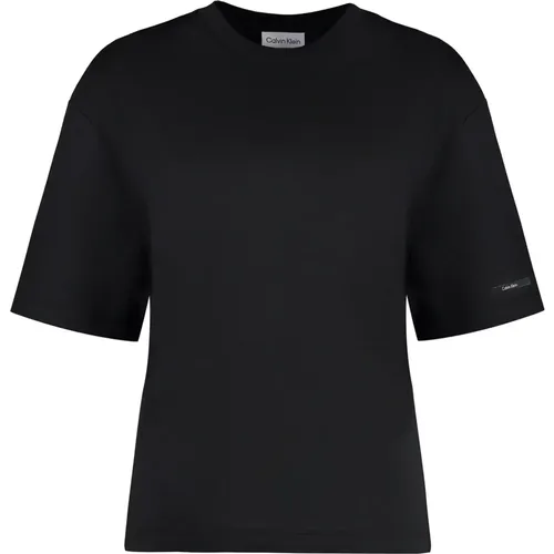 Geripptes Crew-Neck T-Shirt , Damen, Größe: L - Calvin Klein - Modalova