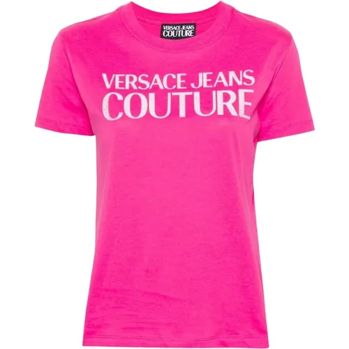 Fuchsia Logo T-shirt , female, Sizes: S, M, XS, 2XS - Versace Jeans Couture - Modalova