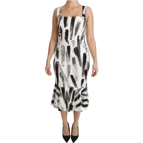 Weiß Schwarz Bedrucktes Sheath Midi Kleid,Elegantes Monochromes Sheath Midi Kleid - Dolce & Gabbana - Modalova