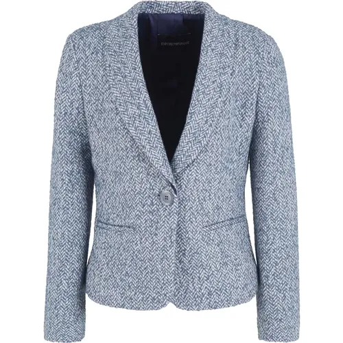 Blaue Tweed Jacquard Chevron Jacke , Damen, Größe: L - Emporio Armani - Modalova