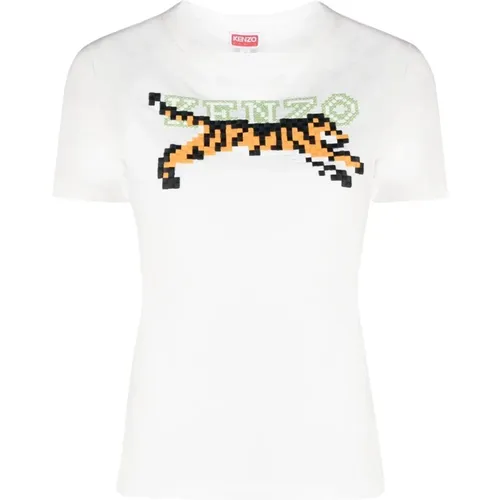 Besticktes Logo T-Shirt, Weiß , Damen, Größe: M - Kenzo - Modalova