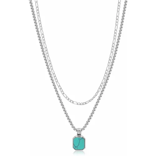 Silver Necklace Layer with 3mm Figaro Chain and Turquoise Square Necklace - Nialaya - Modalova