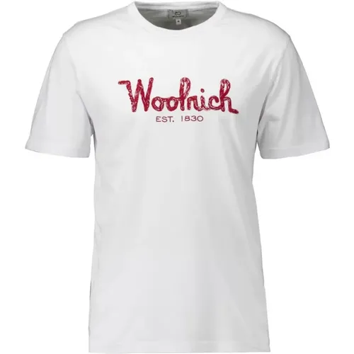 Stilvolles Weißes T-Shirt mit Besticktem Logo , Herren, Größe: L - Woolrich - Modalova