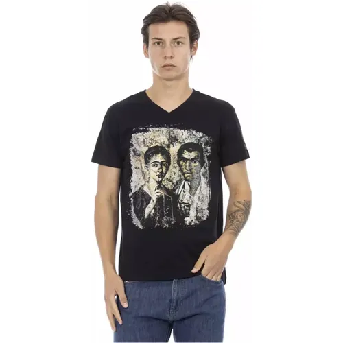 Schwarzes V-Ausschnitt T-Shirt mit Frontdruck , Herren, Größe: 3XL - Trussardi - Modalova
