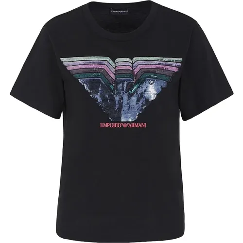 Schwarze T-Shirts und Polos mit Dekorativen Pailletten - Emporio Armani - Modalova