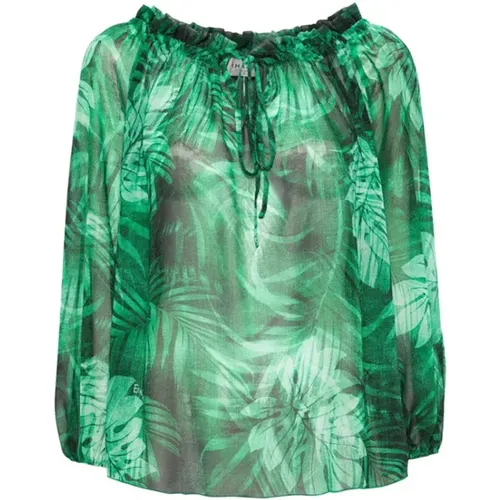 Bluse mit Blätterdruck, Grün, Rüschenkragen - Ermanno Scervino - Modalova