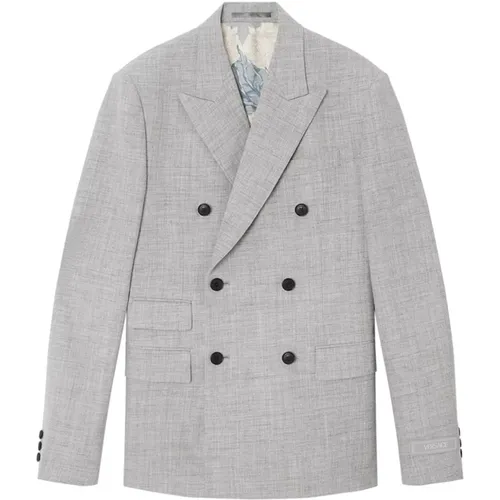 Grey Wool Blend Double-Breasted Jacket , male, Sizes: M, L - Versace - Modalova