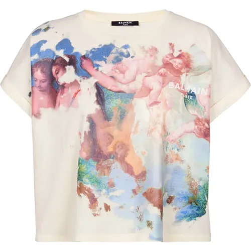 Kurzes T-Shirt mit Pastell-Print , Damen, Größe: M - Balmain - Modalova