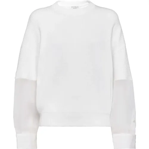 Cotton Sweater with Organza Sleeves , female, Sizes: M - BRUNELLO CUCINELLI - Modalova