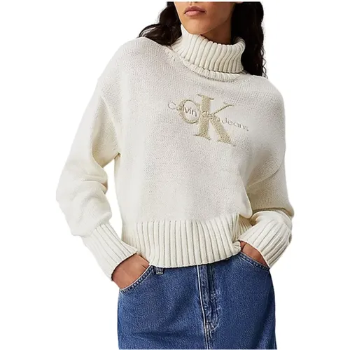 Chenille Monologo Pullover in Weiß , Damen, Größe: L - Calvin Klein - Modalova