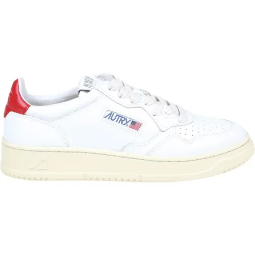 Leather Sneakers with Red Back Patch , male, Sizes: 8 UK - Autry - Modalova