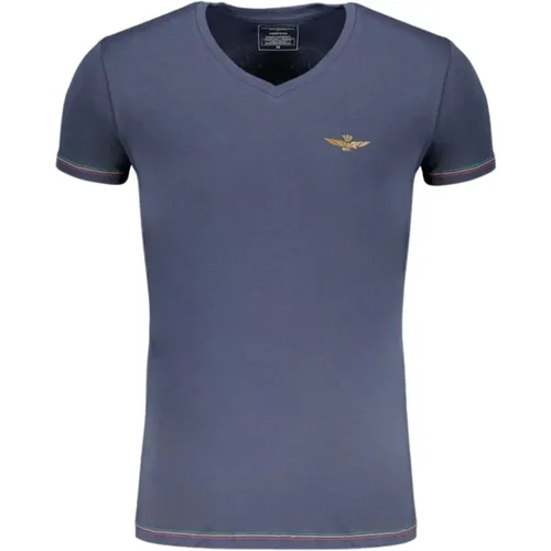 Blaues Baumwoll V-Ausschnitt T-Shirt mit Druck - aeronautica militare - Modalova