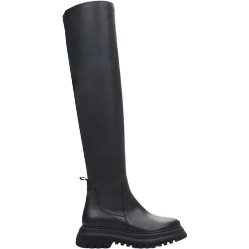 Damen Schwarze Leder Kniehohe Stiefel Er00111976 - Estro - Modalova