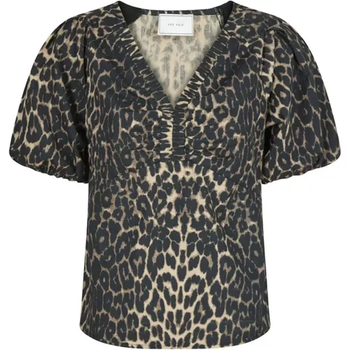 Leopard Print Puff Sleeve Blouse , female, Sizes: XS, S - NEO NOIR - Modalova