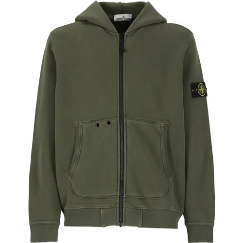 Grüner Kapuzen-Baumwollpullover mit Reißverschluss , Herren, Größe: L - Stone Island - Modalova