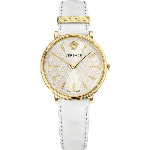 Kreis Weißes Zifferblatt Leder Gold Stahl Uhr , Damen, Größe: ONE Size - Versace - Modalova