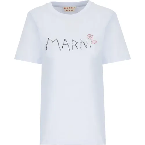 Hellblaues Baumwoll-T-Shirt mit Logo - Marni - Modalova