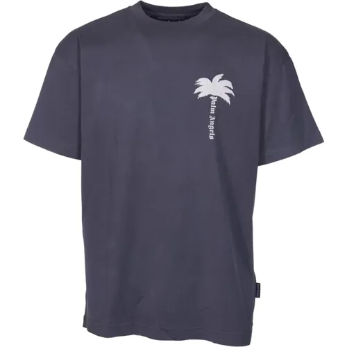 Blattmuster Crew-neck T-shirt Grau , Herren, Größe: S - Palm Angels - Modalova