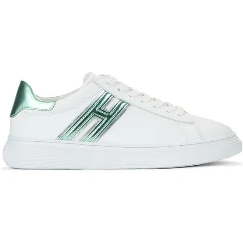 Weiße Ledersneaker mit metallisch grünen Details , Damen, Größe: 36 EU - Hogan - Modalova
