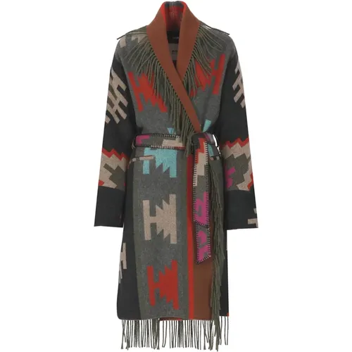 Ethnic Print Wool Coat with Fringe Detail , female, Sizes: XS - bazar deluxe - Modalova